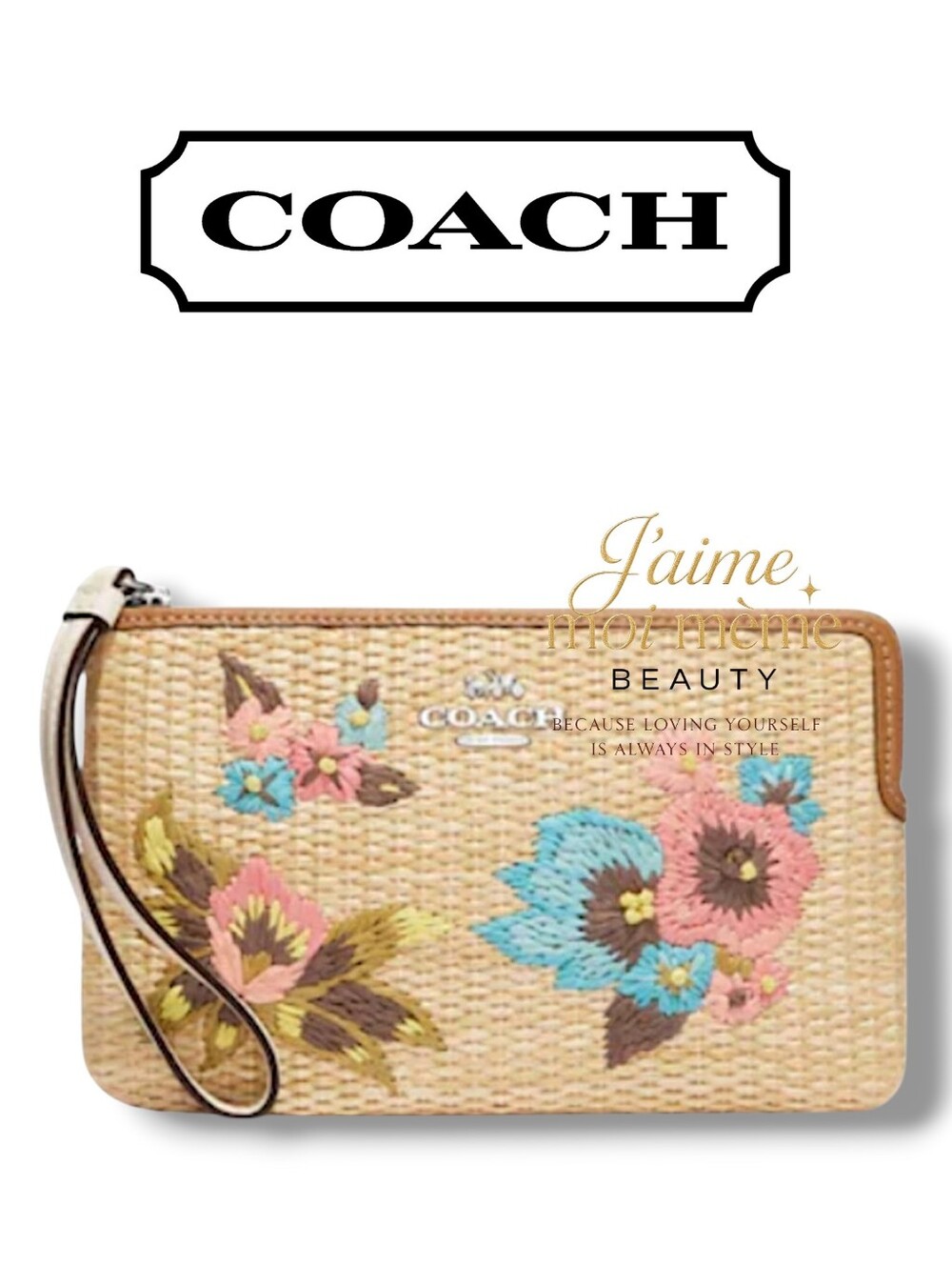Coach Hawaiian Tropical Floral Embroidery Woven Seagrass Large Wristlet - NEW